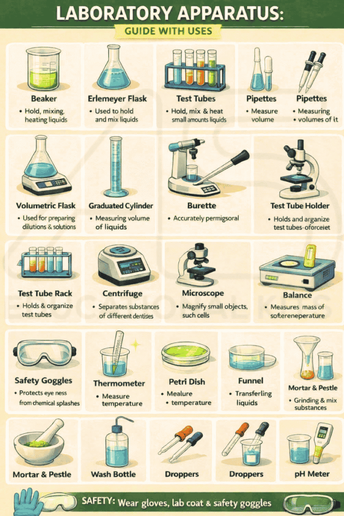 Laboratory apparatus guide showing beaker, flask, test tubes, microscope, balance, and safety equipment with uses