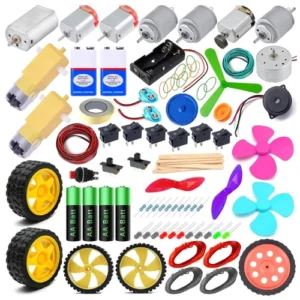 Educational robotic kits with motors, wheels, and electronic components used for DIY robotics and STEM learning projects