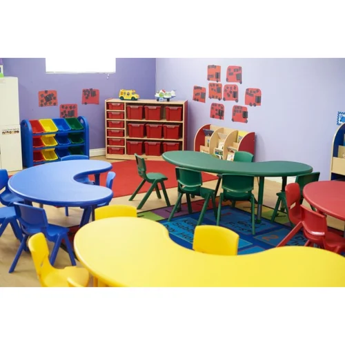 Nursery school furniture set with child-sized tables, chairs, and storage units in a colorful classroom environment