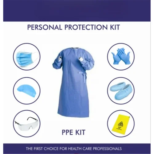 Personal protection equipment PPE kit containing mask, gloves, goggles, hood, shoe covers, and disposal bag for laboratory and healthcare safety