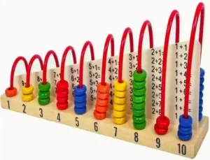 Wooden abacus toy with colorful beads on metal wires used for teaching counting and basic arithmetic to preschool children