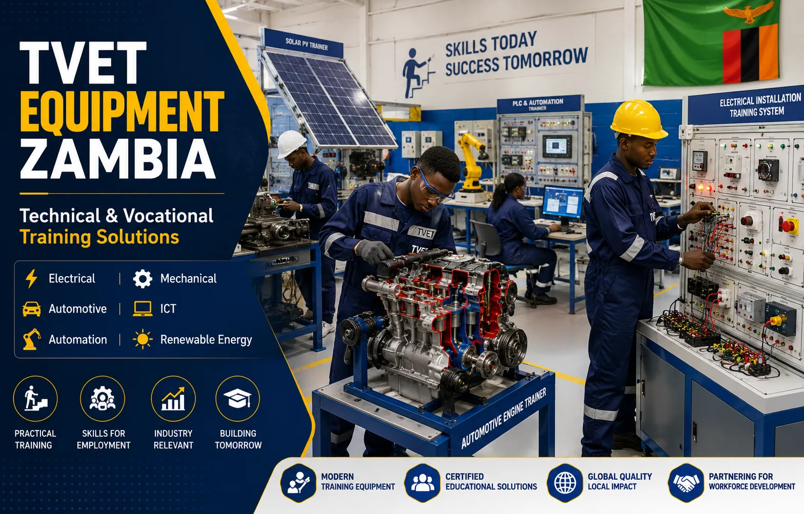 TVET Equipment Zambia Technical Vocational Training Workshop with Electrical Mechanical Automotive ICT and Automation Training Systems